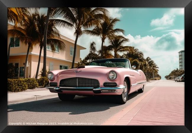 A pink caddilac on a road with palm trees at florida beach creat Framed Print by Michael Piepgras