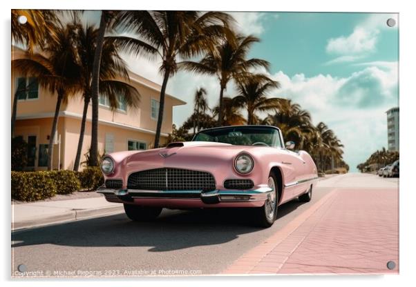 A pink caddilac on a road with palm trees at florida beach creat Acrylic by Michael Piepgras