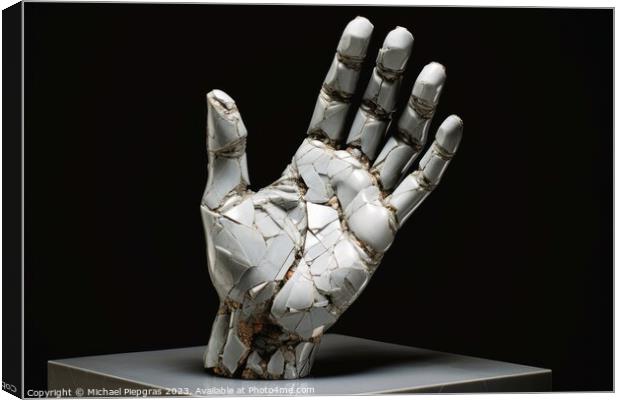 A sculpture of a broken human hand created with generative AI te Canvas Print by Michael Piepgras