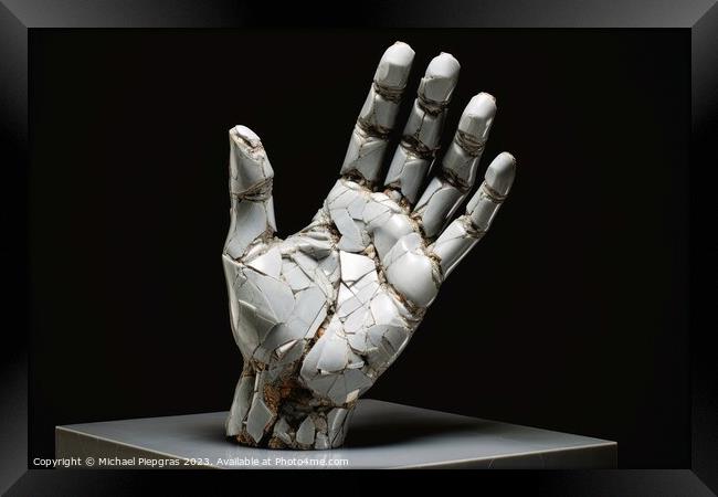 A sculpture of a broken human hand created with generative AI te Framed Print by Michael Piepgras