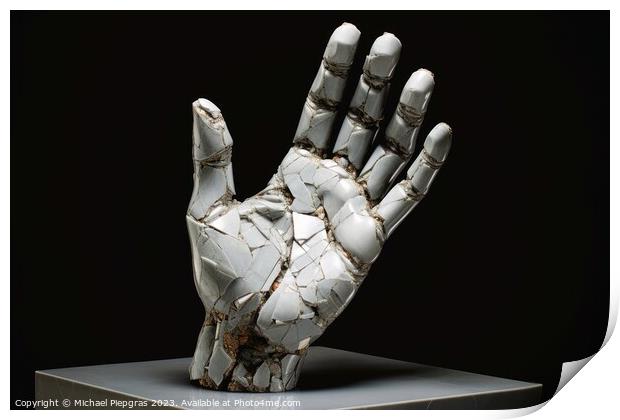 A sculpture of a broken human hand created with generative AI te Print by Michael Piepgras