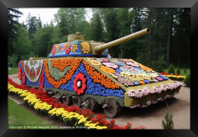 A tank on which many colourful flowers grow created with generat Framed Print by Michael Piepgras