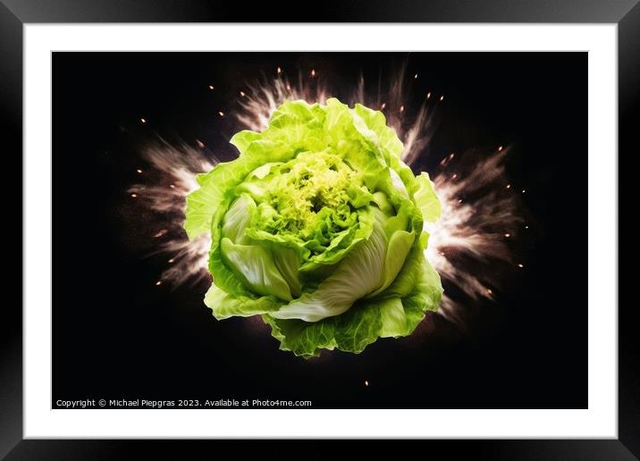 An exploding head of lettuce against a dark background created w Framed Mounted Print by Michael Piepgras