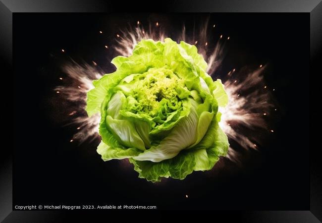 An exploding head of lettuce against a dark background created w Framed Print by Michael Piepgras