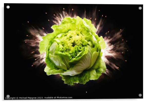 An exploding head of lettuce against a dark background created w Acrylic by Michael Piepgras