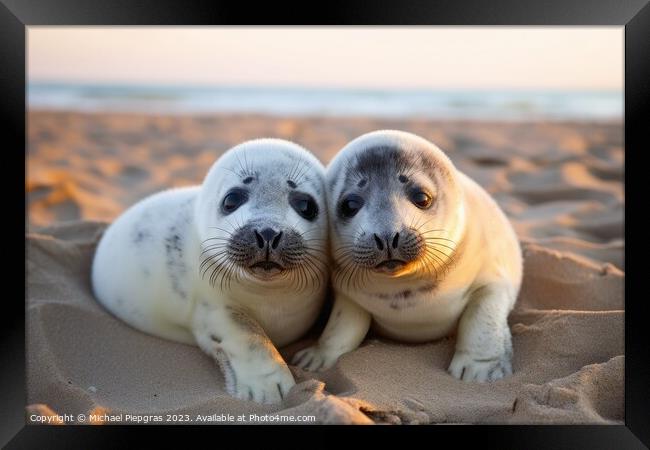 Baby seals on the beach created with generative AI technology. Framed Print by Michael Piepgras
