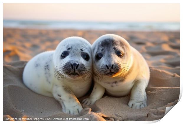 Baby seals on the beach created with generative AI technology. Print by Michael Piepgras
