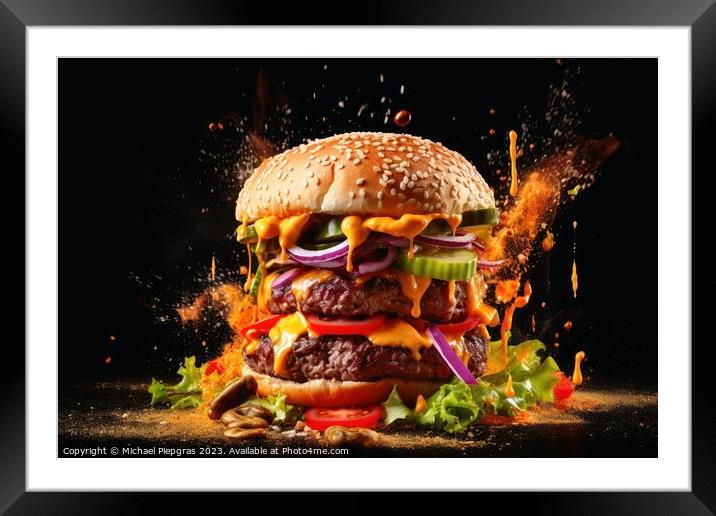 Exploding burger on a dark background created with generative AI Framed Mounted Print by Michael Piepgras