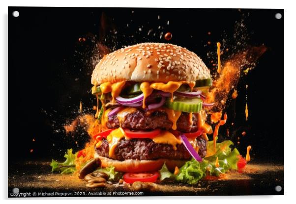 Exploding burger on a dark background created with generative AI Acrylic by Michael Piepgras