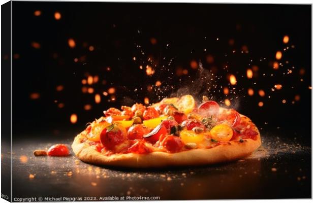 Exploding pizza on a dark background created with generative AI  Canvas Print by Michael Piepgras
