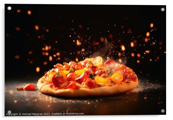 Exploding pizza on a dark background created with generative AI  Acrylic by Michael Piepgras