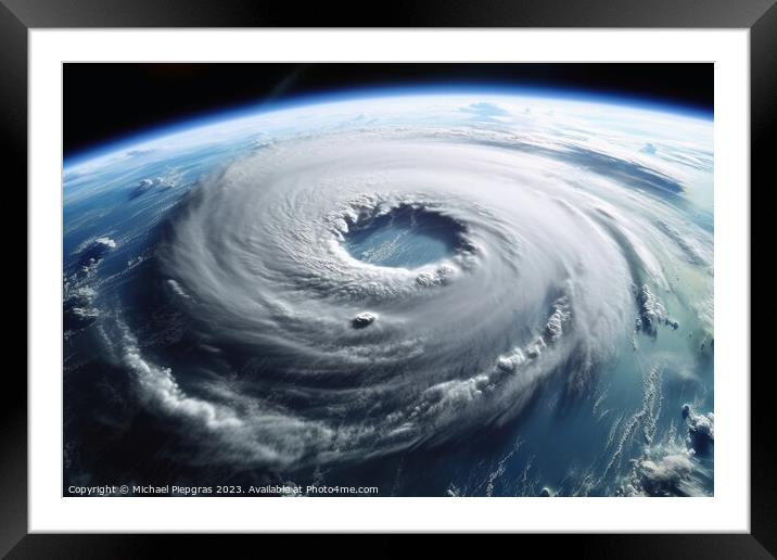 Looking from space on a hurricane on planet earth created with g Framed Mounted Print by Michael Piepgras