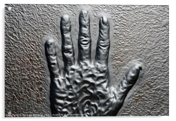Metal surface background with the relief imprint of a human hand Acrylic by Michael Piepgras