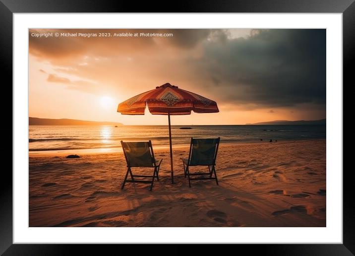 Two beach chairs and a little table with a colorful parasol dire Framed Mounted Print by Michael Piepgras