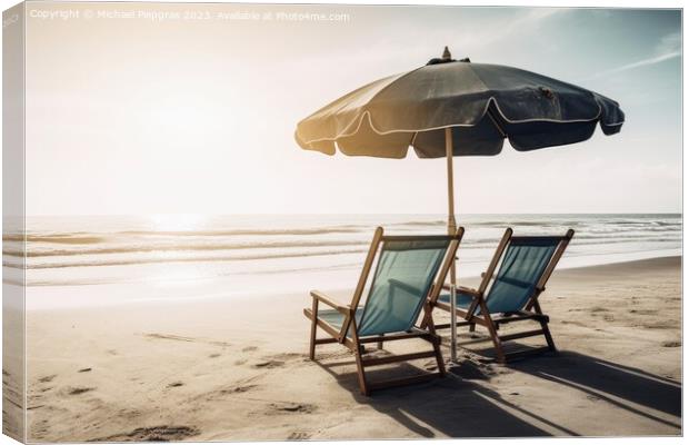 Two beach chairs with a parasol directly on the beach created wi Canvas Print by Michael Piepgras