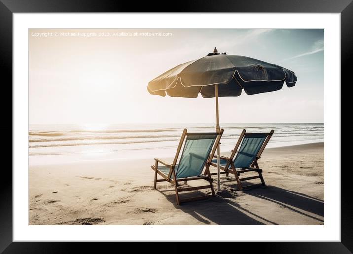 Two beach chairs with a parasol directly on the beach created wi Framed Mounted Print by Michael Piepgras