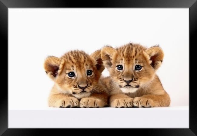 Two cute lion cubs on a white background created with generative Framed Print by Michael Piepgras
