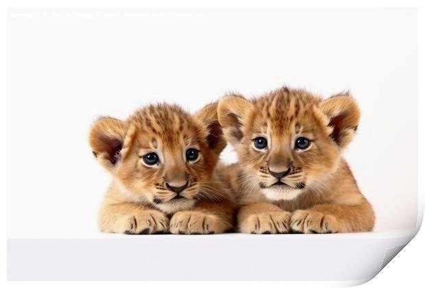 Two cute lion cubs on a white background created with generative Print by Michael Piepgras