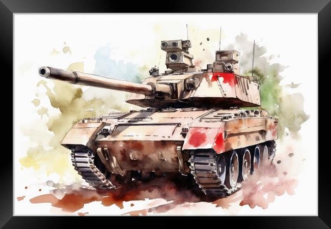 Watercolor of a tank on a white background created with generati Framed Print by Michael Piepgras