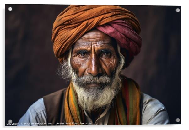 An old indian man portrait created with generative AI technology Acrylic by Michael Piepgras