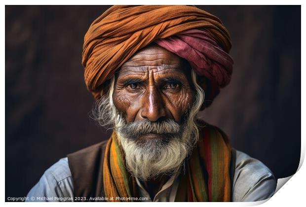 An old indian man portrait created with generative AI technology Print by Michael Piepgras