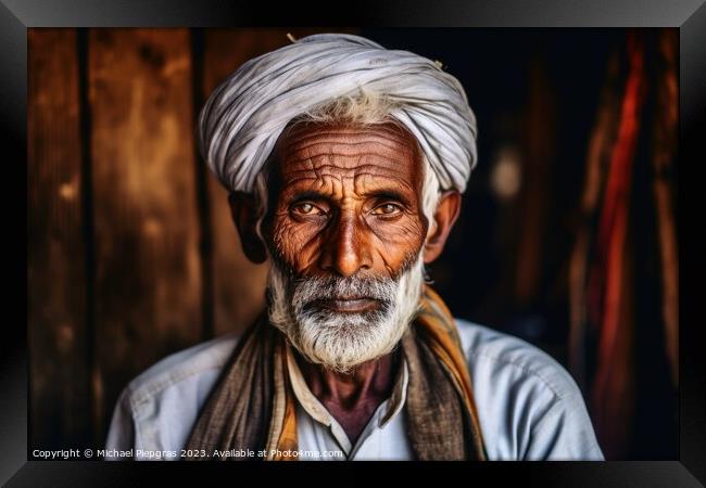 An old indian man portrait created with generative AI technology Framed Print by Michael Piepgras