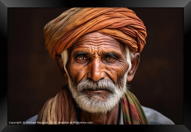 An old indian man portrait created with generative AI technology Framed Print by Michael Piepgras
