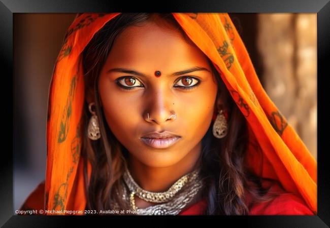 An indian woman portrait created with generative AI technology. Framed Print by Michael Piepgras