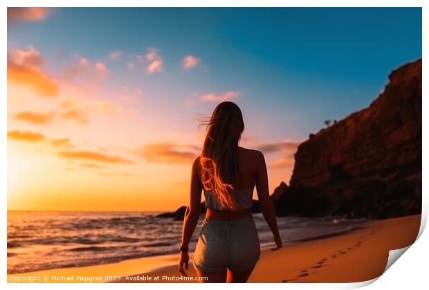 Attractive woman wearing a bikini at the beach during sunset cre Print by Michael Piepgras