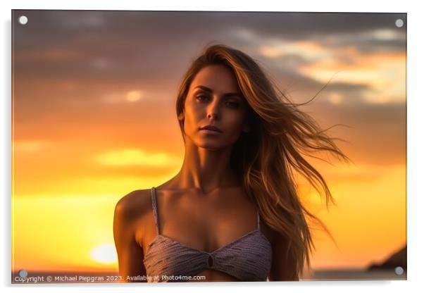 Attractive woman wearing a bikini at the beach during sunset cre Acrylic by Michael Piepgras