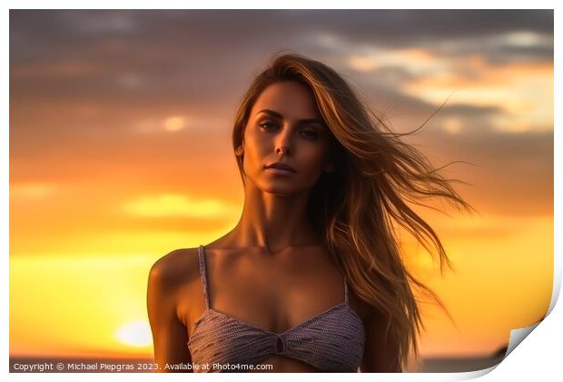Attractive woman wearing a bikini at the beach during sunset cre Print by Michael Piepgras