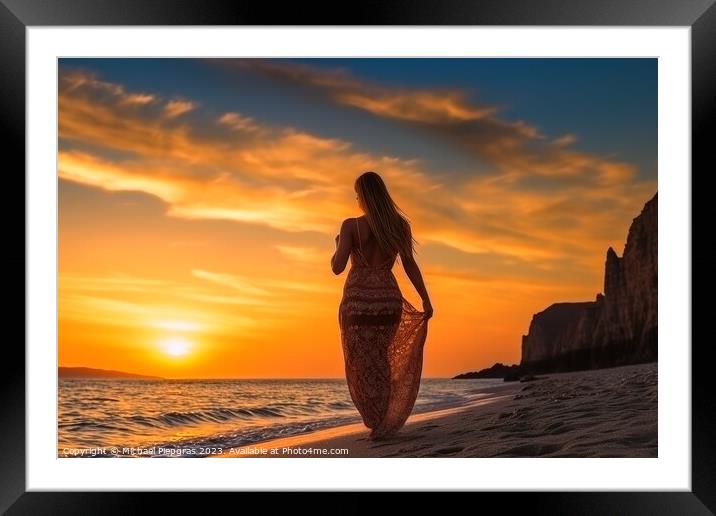 Attractive woman wearing a bikini at the beach during sunset cre Framed Mounted Print by Michael Piepgras