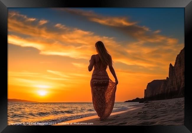 Attractive woman wearing a bikini at the beach during sunset cre Framed Print by Michael Piepgras