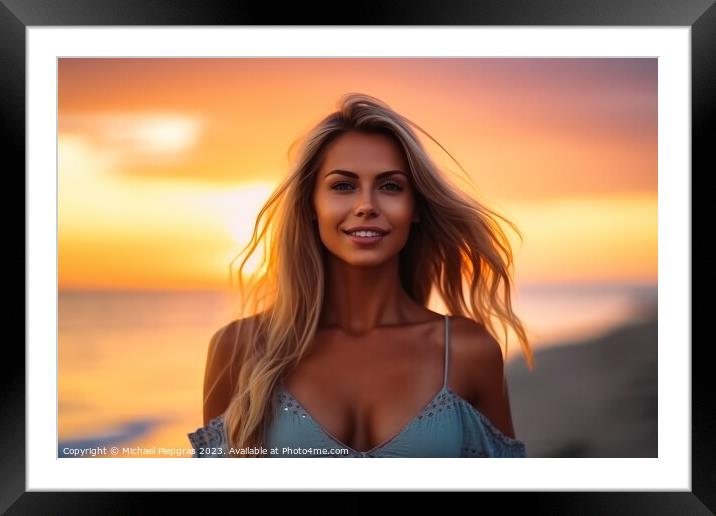 Attractive woman wearing a bikini at the beach during sunset cre Framed Mounted Print by Michael Piepgras