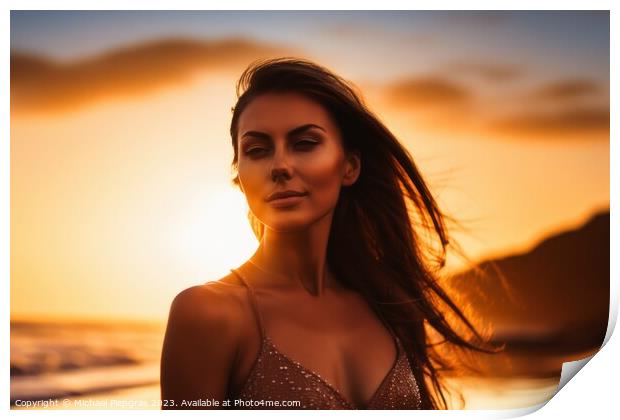 Attractive woman wearing a bikini at the beach during sunset cre Print by Michael Piepgras