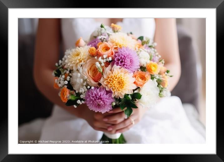 Close up of a bridal bouquet in the hands of a bride created wit Framed Mounted Print by Michael Piepgras