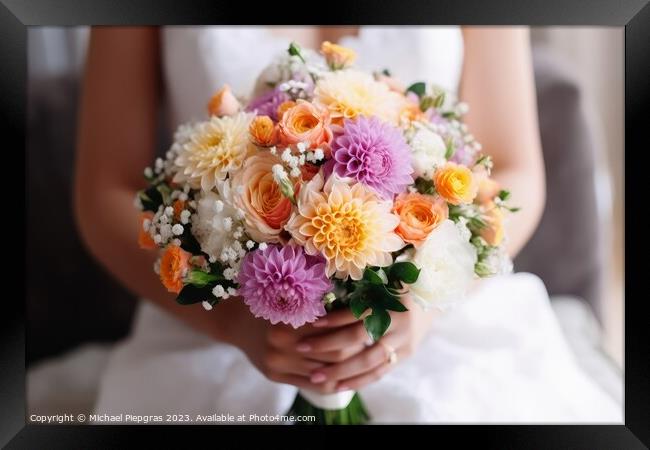 Close up of a bridal bouquet in the hands of a bride created wit Framed Print by Michael Piepgras