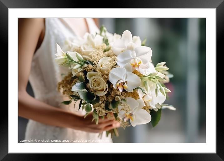 Close up of a bridal bouquet in the hands of a bride created wit Framed Mounted Print by Michael Piepgras