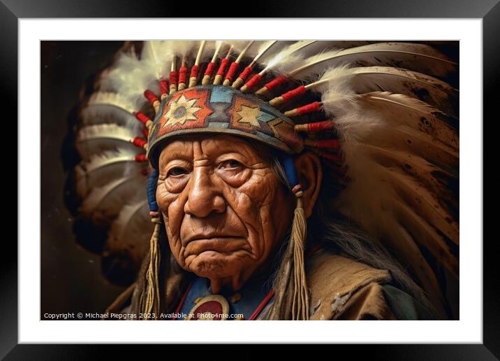 Impressive Indian Chief portrait created with generative AI tech Framed Mounted Print by Michael Piepgras
