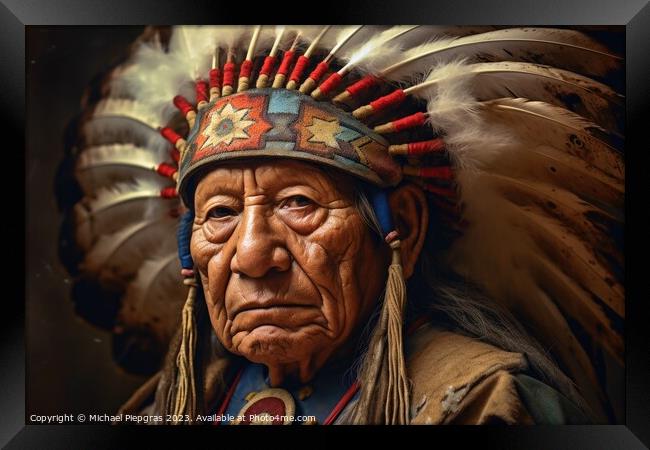 Impressive Indian Chief portrait created with generative AI tech Framed Print by Michael Piepgras
