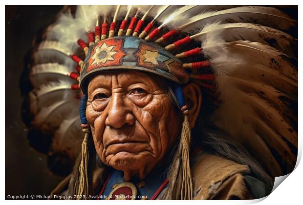 Impressive Indian Chief portrait created with generative AI tech Print by Michael Piepgras