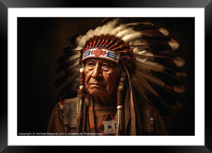 Impressive Indian Chief portrait created with generative AI tech Framed Mounted Print by Michael Piepgras