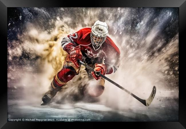 Mesmerizing ice hockey player in a cloud of exploding ice create Framed Print by Michael Piepgras
