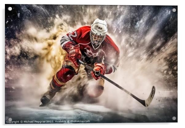 Mesmerizing ice hockey player in a cloud of exploding ice create Acrylic by Michael Piepgras