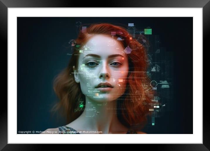 Stunning portrait of a futuristic womans face created with gener Framed Mounted Print by Michael Piepgras