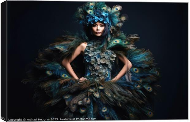 Woman wearing a surreal dress made of peacock feathers created w Canvas Print by Michael Piepgras