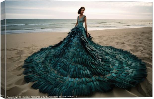 Woman wearing a surreal dress made of peacock feathers created w Canvas Print by Michael Piepgras