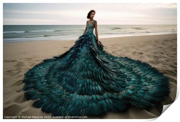 Woman wearing a surreal dress made of peacock feathers created w Print by Michael Piepgras