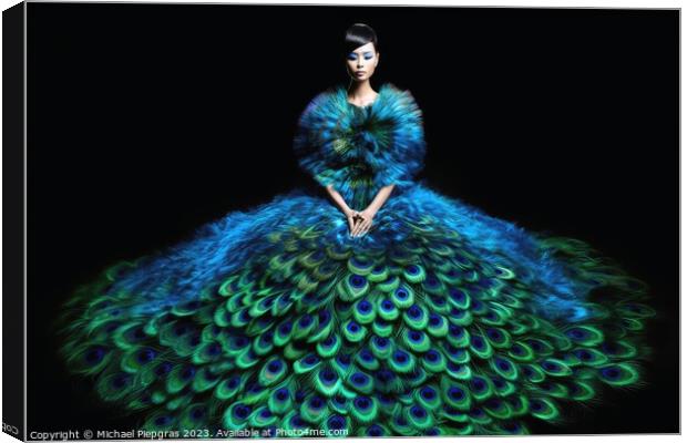 Woman wearing a surreal dress made of peacock feathers created w Canvas Print by Michael Piepgras