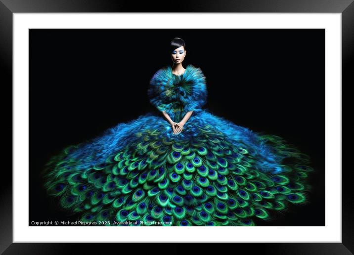 Woman wearing a surreal dress made of peacock feathers created w Framed Mounted Print by Michael Piepgras